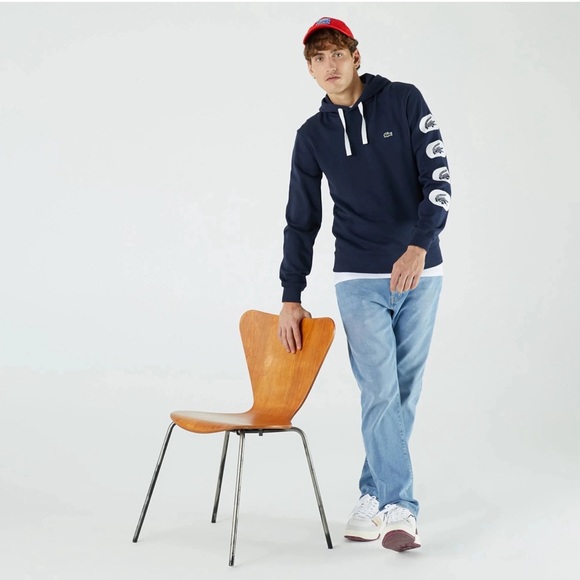 LACOSTE MENS HOODED PRINT SLEEVE FLEECE SWEATSHIRT - Picture 3 of 6